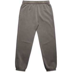 Faded olive-green track pants with an elastic waistband and cuffs, featuring side pockets and a logo.