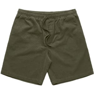 Cord shorts in olive green, featuring an elastic waistband and adjustable drawstring. Includes branding.