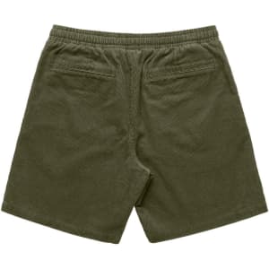 Cord shorts in olive green with an elastic waistband and back pockets. Features a logo on the waistband.