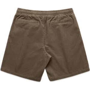 Cord shorts in earthy brown with a back pocket design and elastic waist. Features a logo on the label.