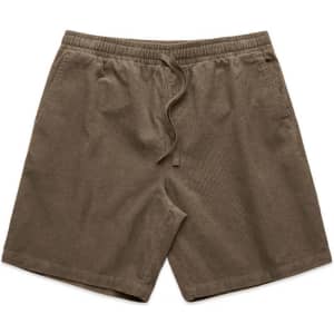 A pair of brown cord shorts with an elastic waistband and drawstring detail. Features a logo on the waistband.