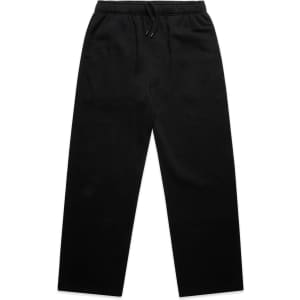 Black cuffless track pants with an elastic waistband and drawstring, featuring a logo.