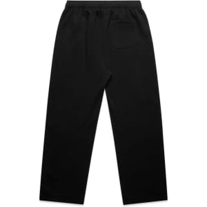 Cuffless track pants in black with an elastic waistband and a rear pocket. The design is simple and casual.