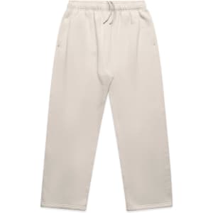Cuffless track pants in a light beige colour, featuring an elasticated waistband and side pockets.