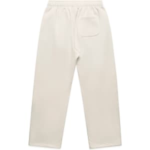 Cuffless track pants in a light cream colour with an elastic waistband and a single back pocket. Features a logo.