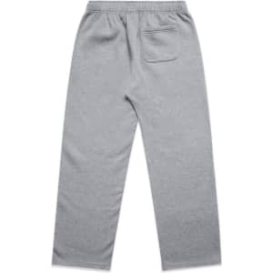 Cuffless track pants in a soft grey fabric with an elastic waistband and a back pocket. Features a logo.