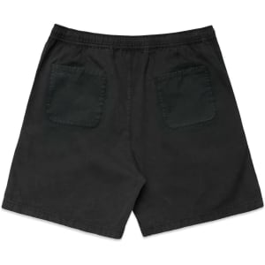 Faded black dress shorts featuring an elastic waistband and two back pockets. Includes a branding logo.
