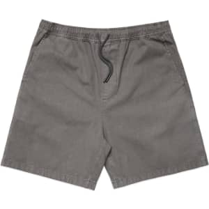 A pair of faded grey shorts featuring an elastic waistband and drawstring. The fabric appears lightweight and casual.