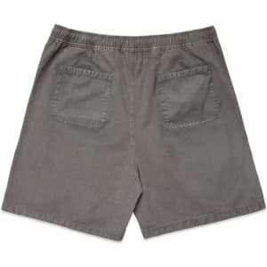 Faded grey dress shorts featuring an elastic waistband and two back pockets. Includes a logo.