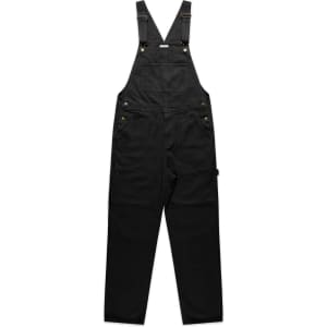 Black canvas overalls featuring adjustable straps, multiple pockets, and a logo on the side.