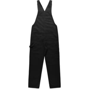 Black canvas overalls with adjustable straps and multiple pockets, featuring a logo on the fabric.