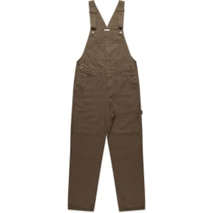 A pair of brown canvas overalls with adjustable straps and front pockets, featuring a branding logo.