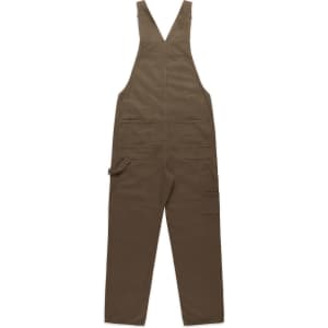 Canvas overalls in a dark brown colour with adjustable straps and multiple pockets. Features a brand logo.