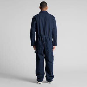 Navy blue canvas coveralls with a fitted waist and multiple pockets, featuring a branding logo.