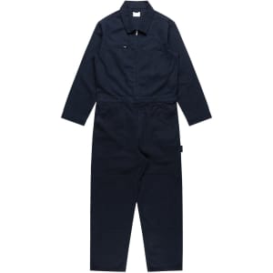 A navy canvas coverall featuring long sleeves, a front zip, and a single zip pocket, with a brand logo present.