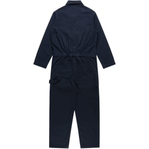 Navy blue canvas coveralls with long sleeves and a drawstring waist, featuring multiple pockets.