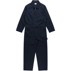 Navy blue canvas coveralls with long sleeves, a zippered front, and a chest pocket, featuring a branding label.