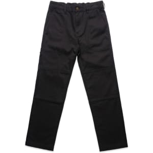Black cargo pants featuring multiple pockets and a waistband with loops. The design includes a branding logo.
