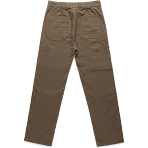 Canvas cargo pants in a muted brown colour with multiple pockets and an elastic waistband. Features branding.