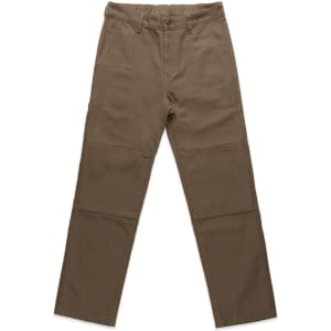 Brown cargo pants with a simple design, featuring two patch pockets on the front and a logo on the waistband.