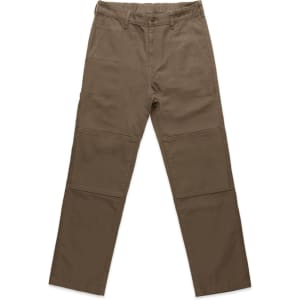Canvas pants in a khaki colour, featuring a straight leg design and a waistband. The image includes branding.