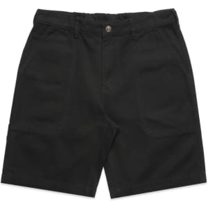 Black canvas shorts featuring a waistband and multiple pockets, with a logo on the side.