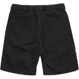 Black cargo shorts featuring an elastic waistband and multiple pockets. The back view highlights the pocket design.