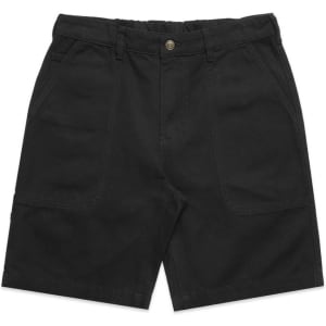 Black canvas shorts with a waistband and pockets, featuring a logo on the side. Designed as dress shorts.