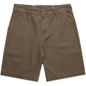 Canvas shorts in a khaki colour, featuring a classic cargo design with multiple pockets and an elastic waistband.
