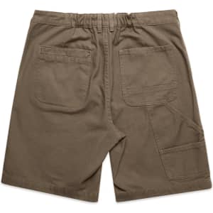 A pair of khaki canvas shorts featuring multiple pockets and an elastic waistband. The back view is shown.