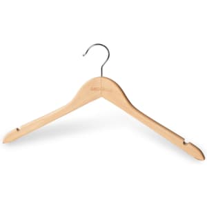 A wooden clothes hanger in natural colour with a silver metallic hook and a minimal logo.