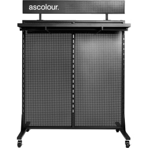 A black display gondola with perforated panels, featuring a top section with branding and wheels for mobility.