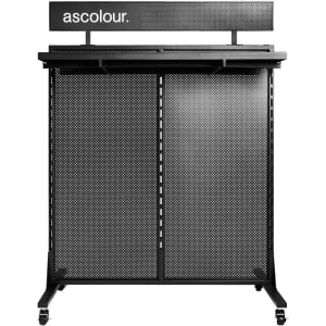A black exhibition gondola with a perforated design, featuring a top shelf and wheels for mobility.