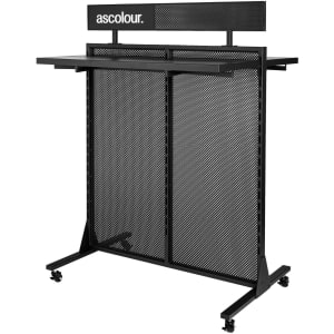A black exhibition display stand with mesh panels, featuring a top shelf and wheels for mobility. It includes a logo.