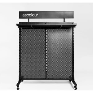 A black display gondola with a mesh design and a branded top sign. Ideal for exhibitions and events.