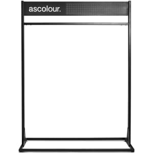 A black promotional display stand with a perforated top and a logo, designed for product showcasing.