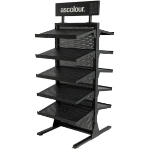 A black hat rack with six mesh shelves and a logo at the top, designed for displaying hats or accessories.
