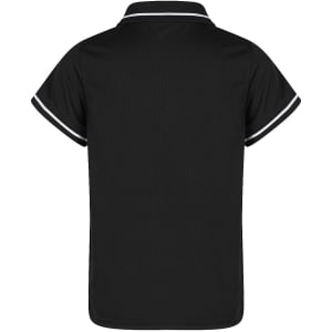 A black polo shirt with contrasting stripes on the collar and sleeves. The shirt features a branded logo.