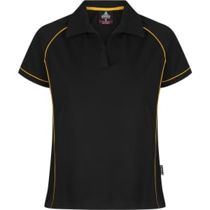 A black polo shirt with yellow piping and a collar, featuring branding on the label.
