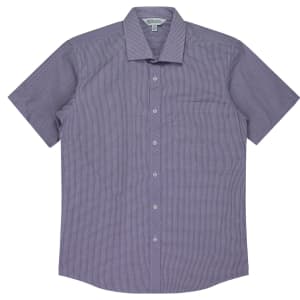 A short sleeve button-up shirt in a purple checkered pattern, featuring a chest pocket and a logo.