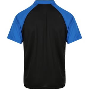 A black polo shirt with blue sleeves and a logo at the back. Suitable for casual or active wear.