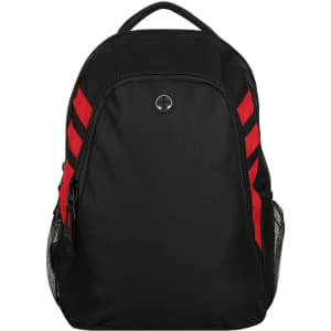 A black backpack with red stripes, featuring a logo and side mesh pockets. Suitable for carrying personal items.