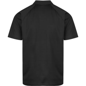 A black men's polo shirt with short sleeves and a classic collar, featuring a branding logo.