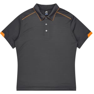 A short-sleeved polo shirt in dark grey with orange accents and a collar, featuring a logo on the chest.