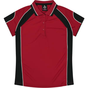 A red polo shirt featuring black accents and a logo. It has a collar and a buttoned placket.