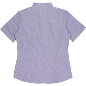 A short-sleeve button-up shirt in a checkered pattern, featuring a collar and a fitted design.