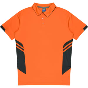 An orange polo shirt with black side stripes and a collar, featuring a logo on the chest.