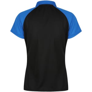 A black polo shirt with blue sleeves and a collar, featuring a logo on the back.