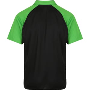 A polo shirt featuring a black body and vibrant green sleeves, with a logo on the back.