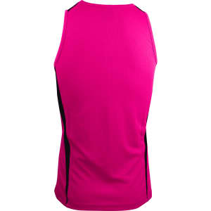 A pink men's singlet featuring black side panels and a logo on the fabric. Suitable for sports or casual wear.